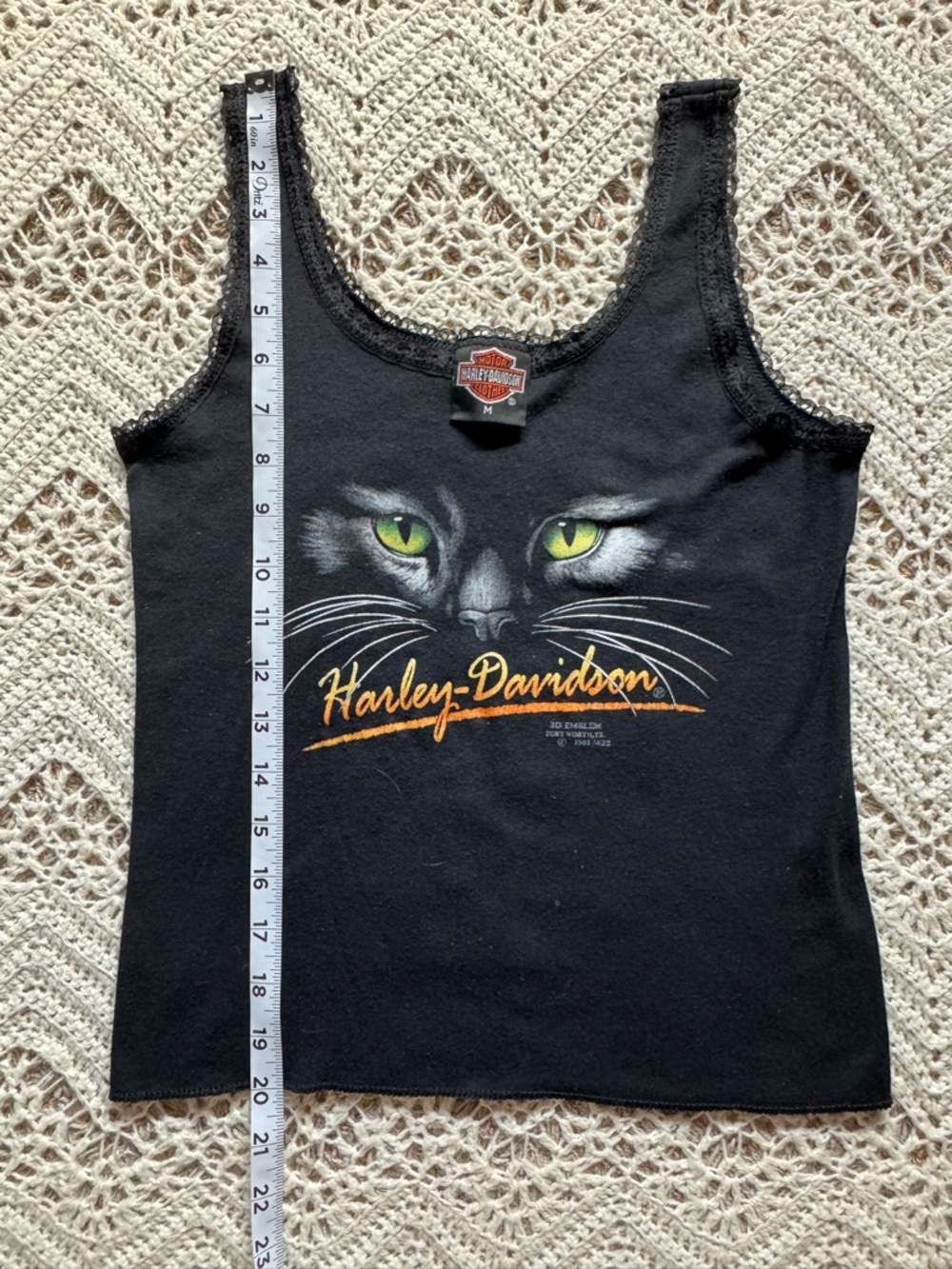 Vintage 1991 Harley Davidson "Cat Eyes" Tank Top 3D Emblem Size M Lace Trim - Picture 8 of 10